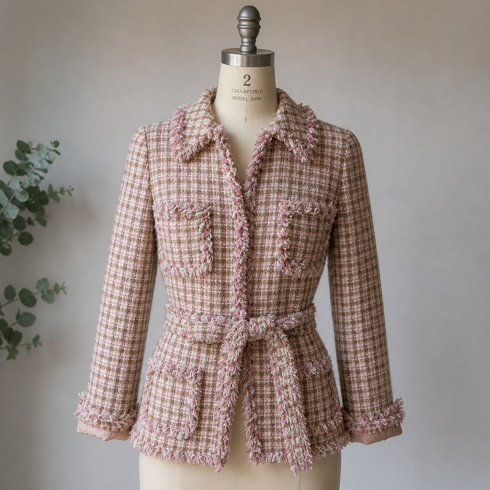 Cache Womens Pink Brown Plaid Fringed Tweed Belted Blazer Jacket Size 2